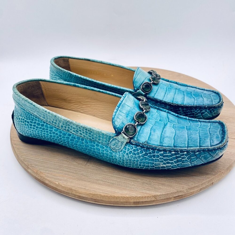 Stuart Weitzman Shoes Womens 8 Aqua Blue Leather Flats Jeweled Quiet Luxury